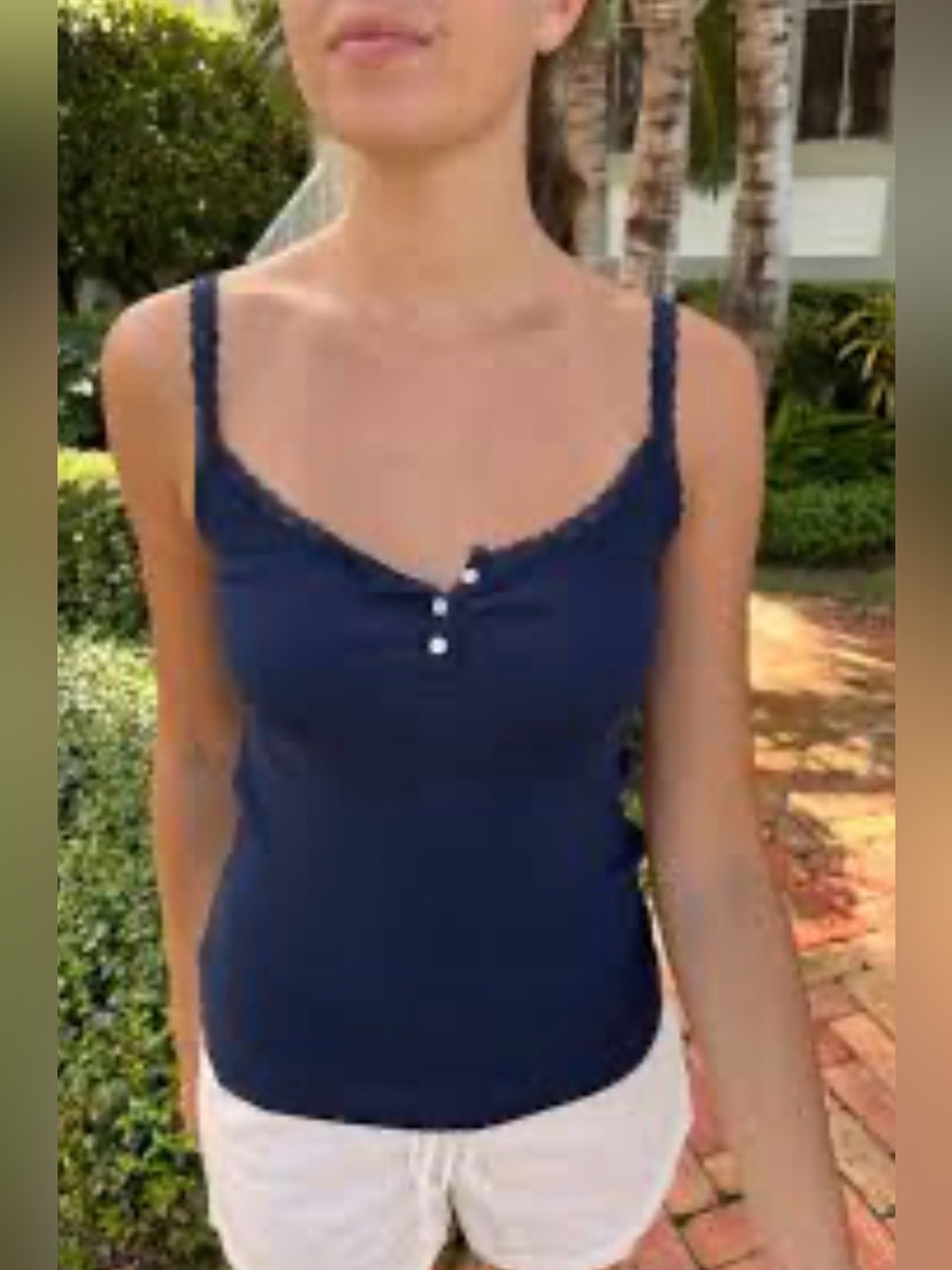 Brandy Melville Amaya  Lace Trim Navy Blue Button Ribbed Tank Top size Medium